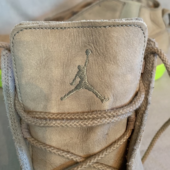 Air Jordon Beige Suede Lace Up High Tops with Neon Green Soles - Picture 9 of 11